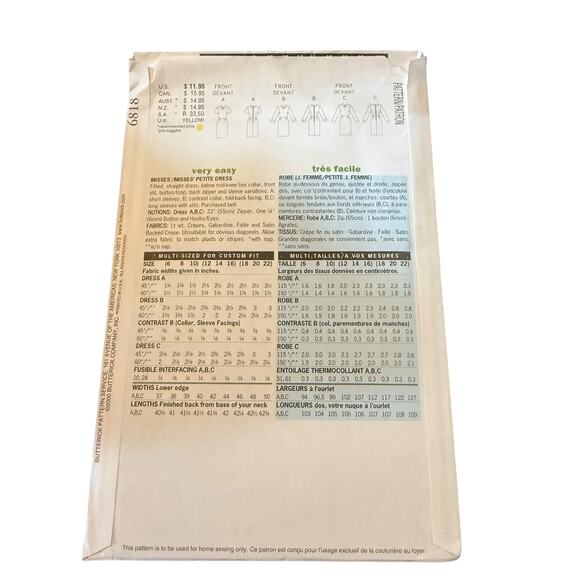 Butterick 6818 Very Easy Dresses Sewing Pattern 12 14 16 Misses Petite Uncut FF - Picture 3 of 4